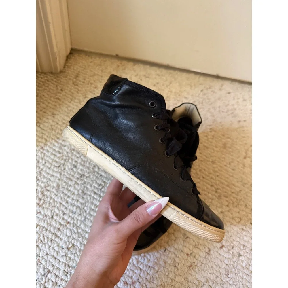 Lanvin Hi-Top Sneakers Womens 37 Black Good Patent Cap Toe Leather Ribbon Laces